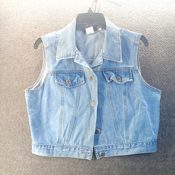 Faded Glory Women’s Denim Vest Large Button Front Classic Blue Jean - Picture 2 of 5